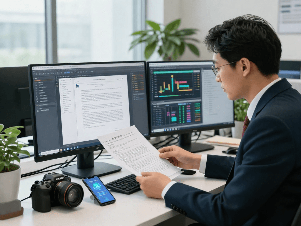 Efficient document fraud detection process in a professional office environment with biometric verification tools.