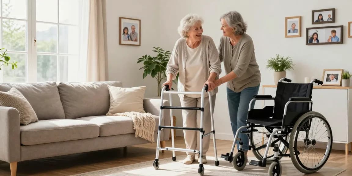 Buy nobility aids showcased in a warm living room scene with an elderly woman confidently using a walker.