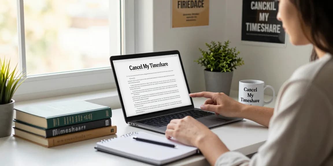 Person reviewing options to cancel my timeshare in a cozy home office with motivational decor.