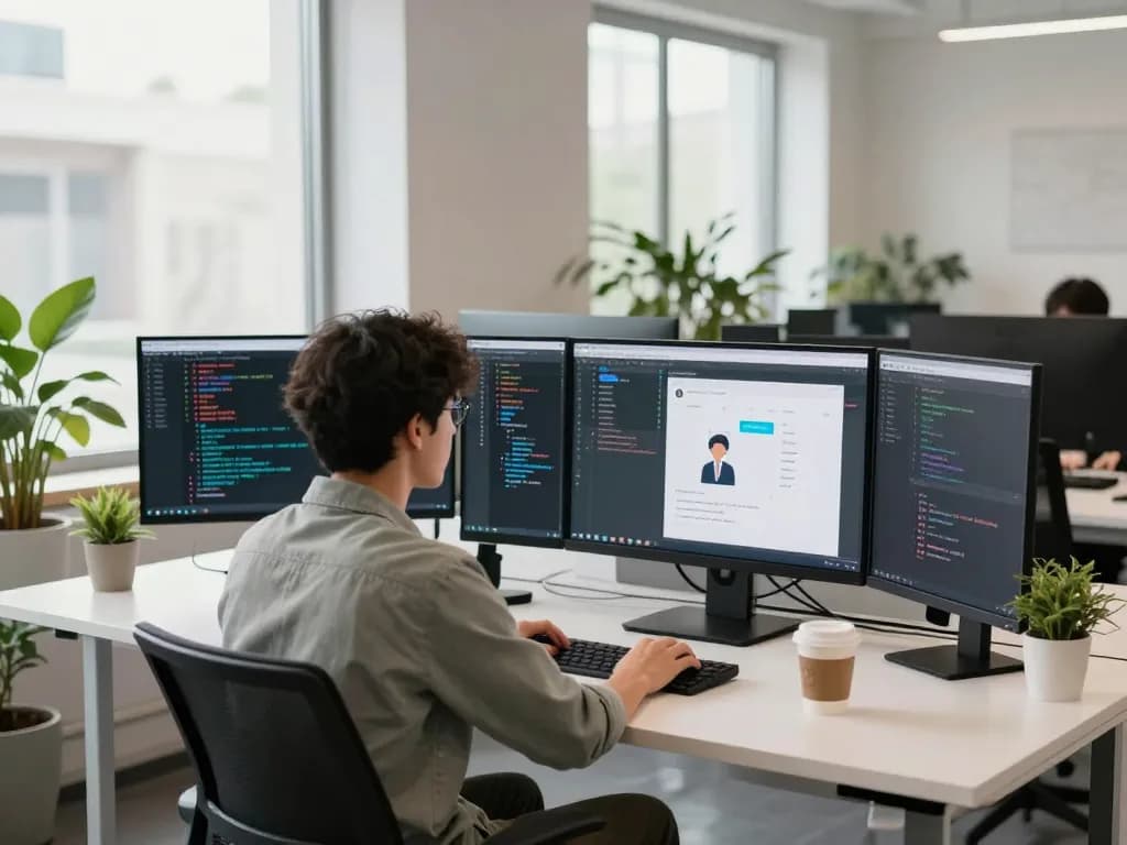 Engaging workspace showcasing a developer working on crush ai chatbot designs in a modern tech environment with vibrant atmosphere.