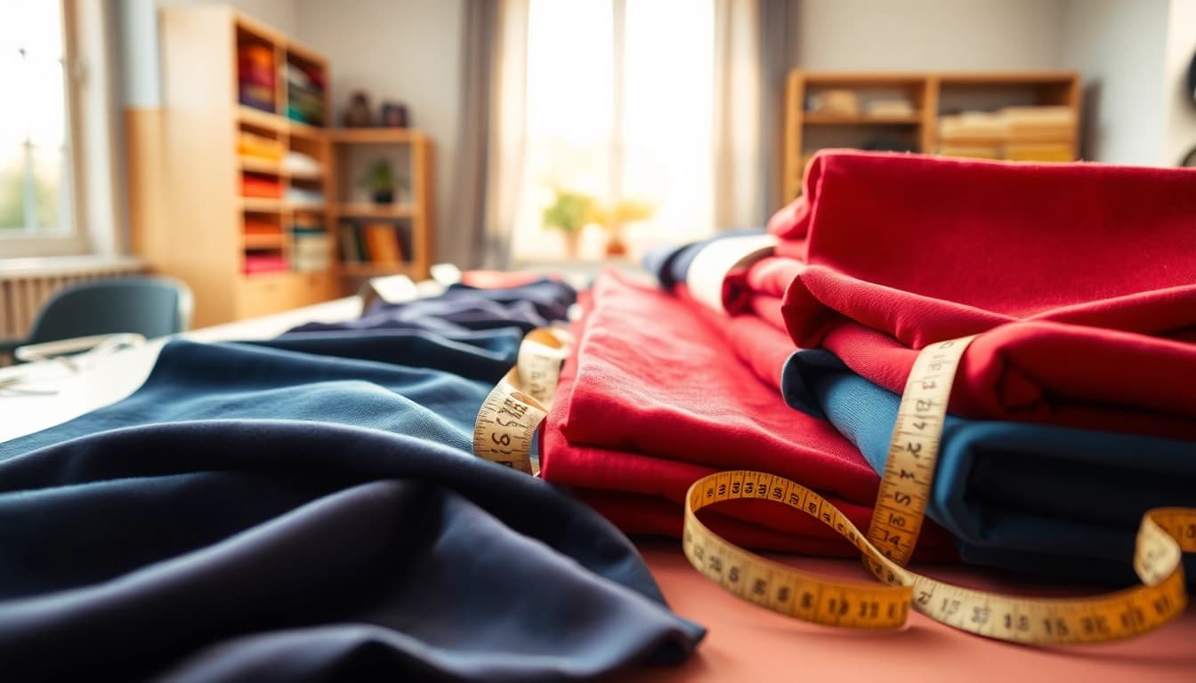 Koop stof per meter met diverse stoffen samples op een frisse werkplek.