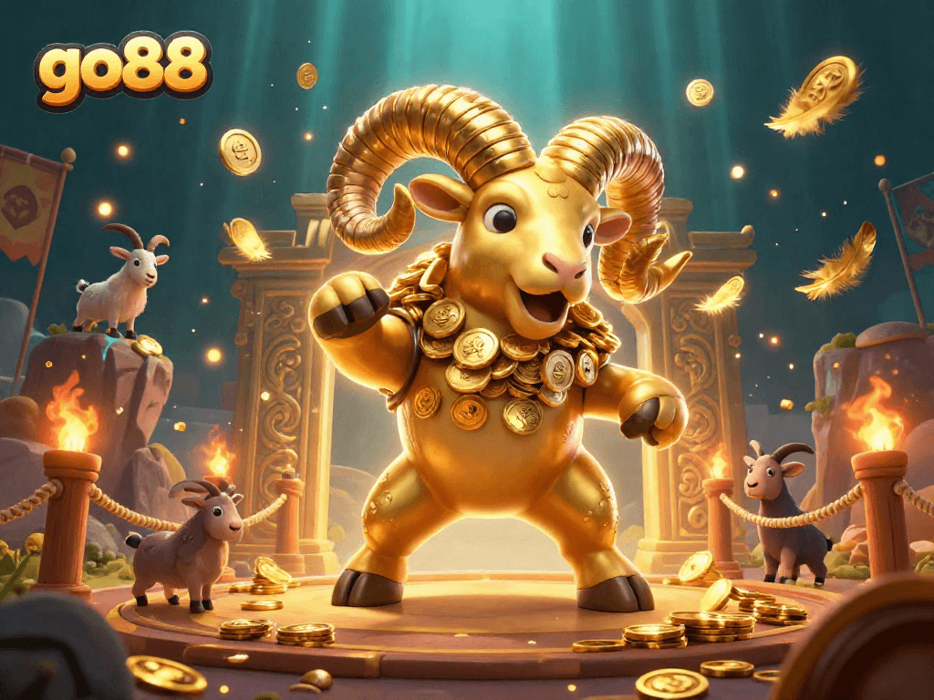Experience the excitement of go88 with a golden ram charging toward a casino-themed arena.