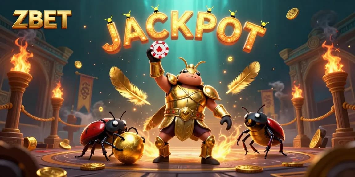 ZBET elevates the stakes with a heroic beetle in gladiator armor celebrating a big win.