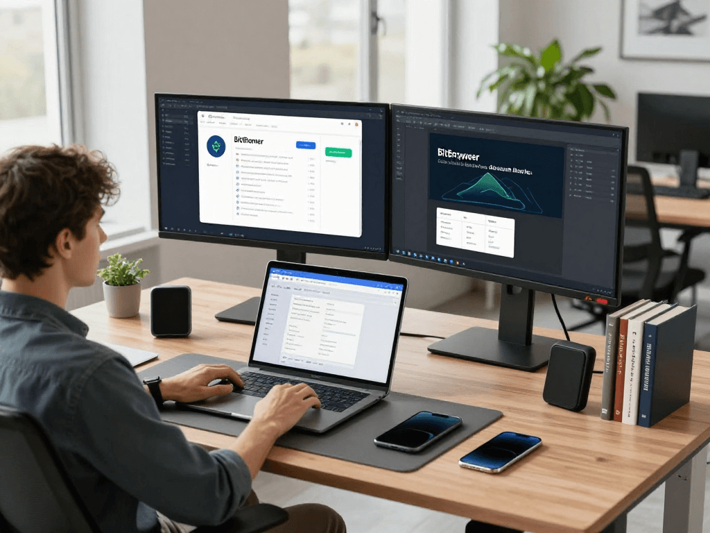 比特浏览器下载的现代科技工作空间，展示高端设备和高效的工作环境。