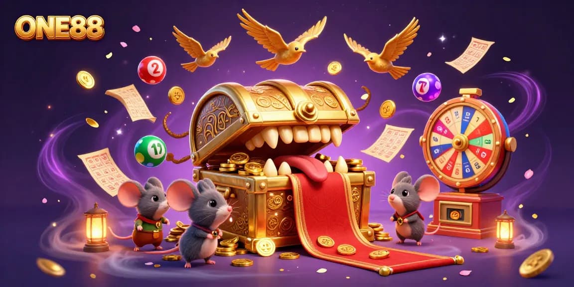 Engage with ONE88's thrilling lottery scene highlighted by vibrant elements and dynamic action.
