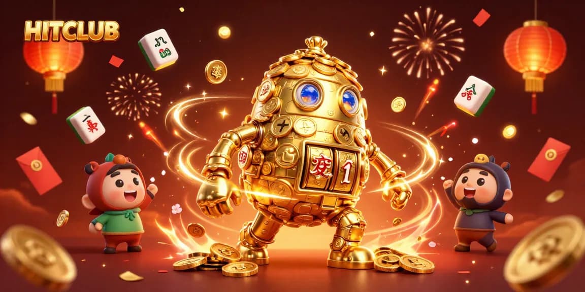 Experience HITCLUB with a vibrant 3D illustration of golden game elements, exciting winnings, and dynamic casino vibes.