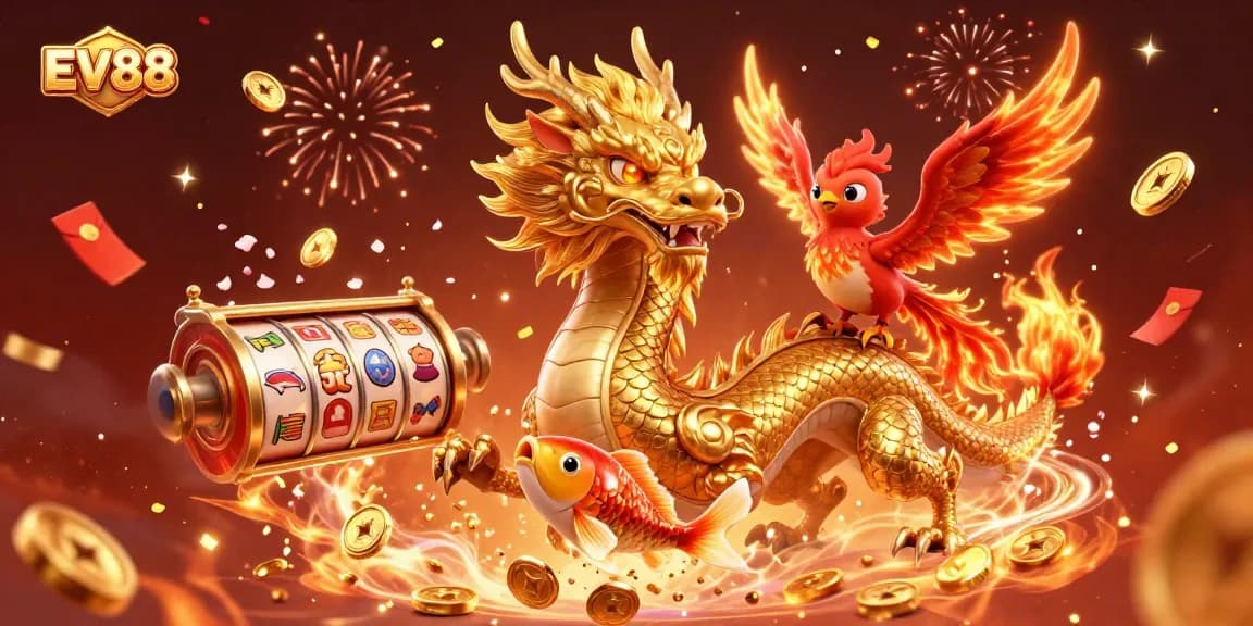 Experience thrilling wins at EV88 with a dynamic illustration of a golden dragon, phoenix, and koi fish amidst slots and coins.