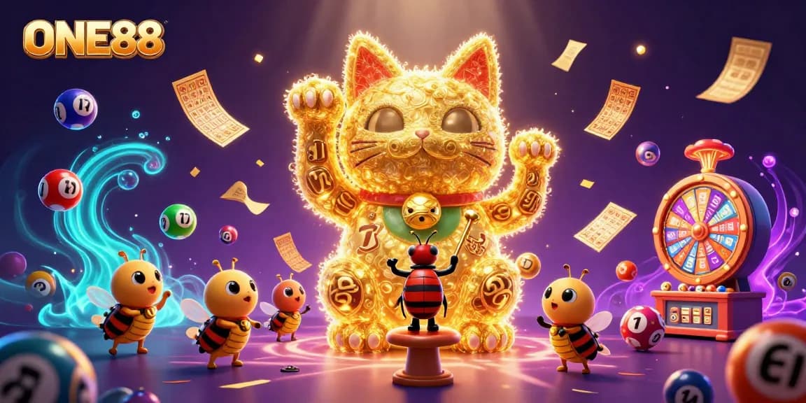 Engage with ONE88’s vibrant casino world featuring colorful symbols, dynamic elements, and a lucky cat.