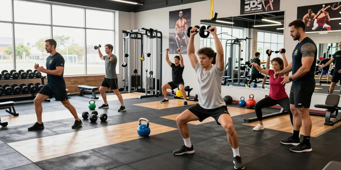 Athletic individuals training in a modern gym environment, showcasing the energetic atmosphere of the Steroide Boutique fitness scene.