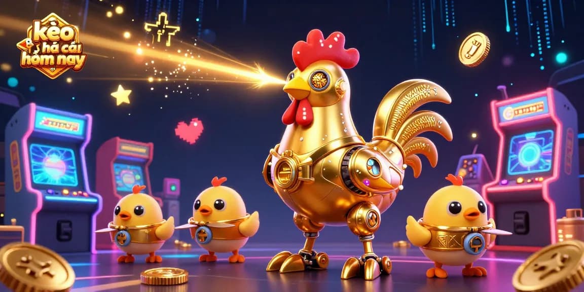 Experience the thrill of kèo nhà cái hôm nay with an engaging 3D illustration of a golden rooster robot and arcade elements.