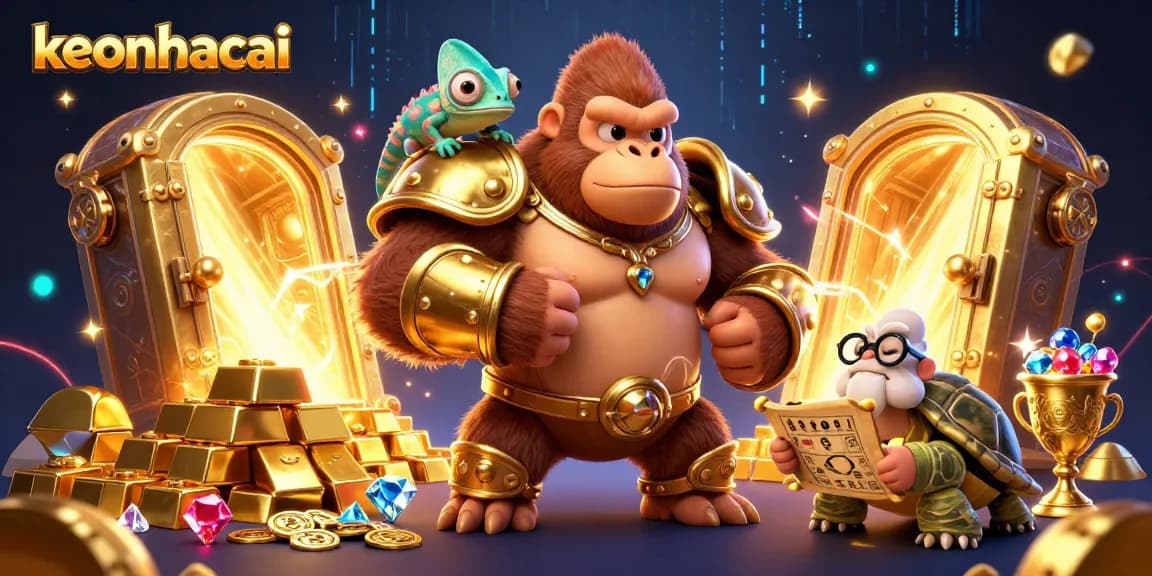 Engage in keonhacai with powerful characters and golden gambling treasures in a vibrant scene