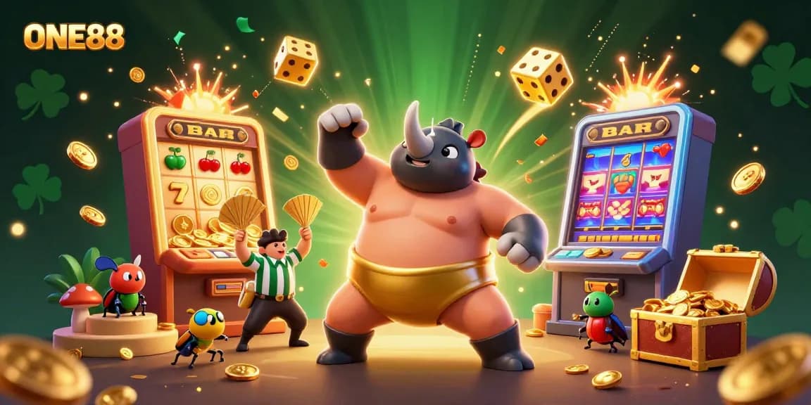 Experience the excitement of ONE88 with a vibrant casino scene featuring a victorious rhinoceros beetle champion and thrilling slot machine action.