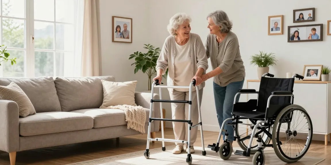 Buy nobility aids showcased in a warm living room scene with an elderly woman confidently using a walker.