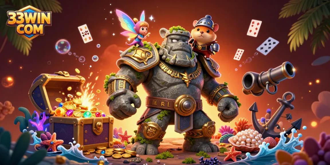 Experience the thrill at 33WIN COM with a magical casino adventure featuring a golem guardian and treasure!