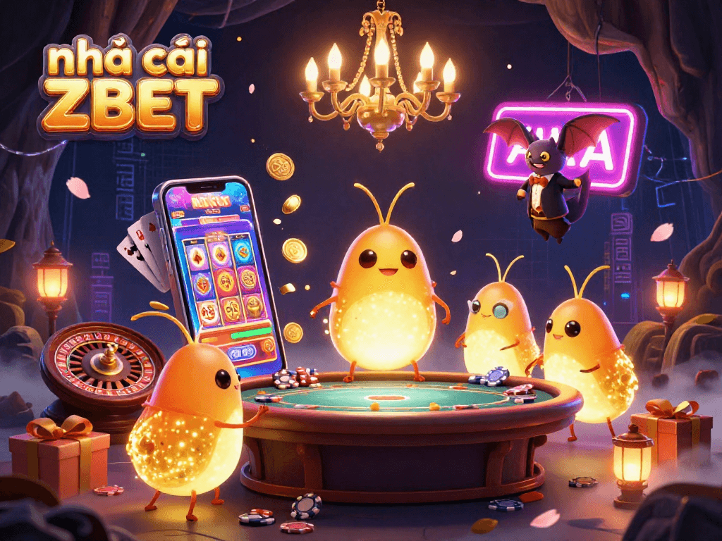 Engage with nhà cái ZBET as glowworms light up a vibrant casino scene full of slot games and festive elements.