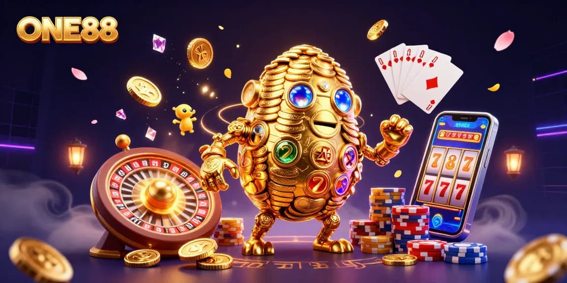 ONE88 offers thrilling gaming experiences with a vibrant scene of golden golems, cascading coins, and exciting casino elements.