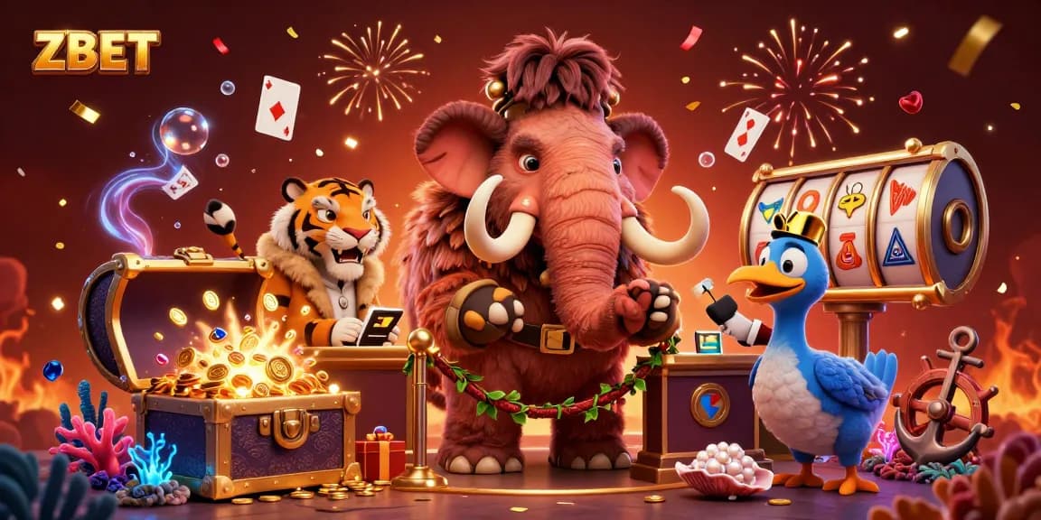 ZBET launches vibrant casino scene featuring a woolly mammoth bouncer verifying a saber-tooth tiger VIP entry.