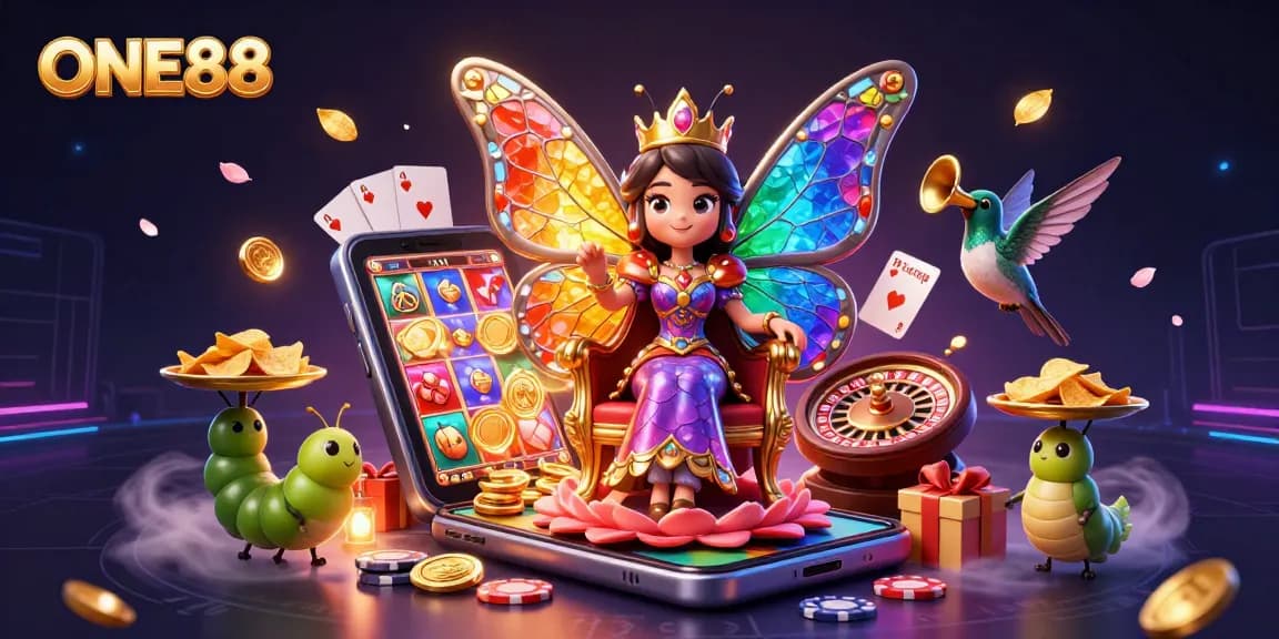 Engage with immersive ONE88 gaming through a vibrant 3D casino scene featuring a butterfly queen and thrilling slot elements.