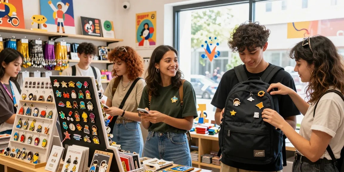 Custom enamel pins being showcased in a vibrant retail setting, capturing the excitement of shopping for unique accessories.