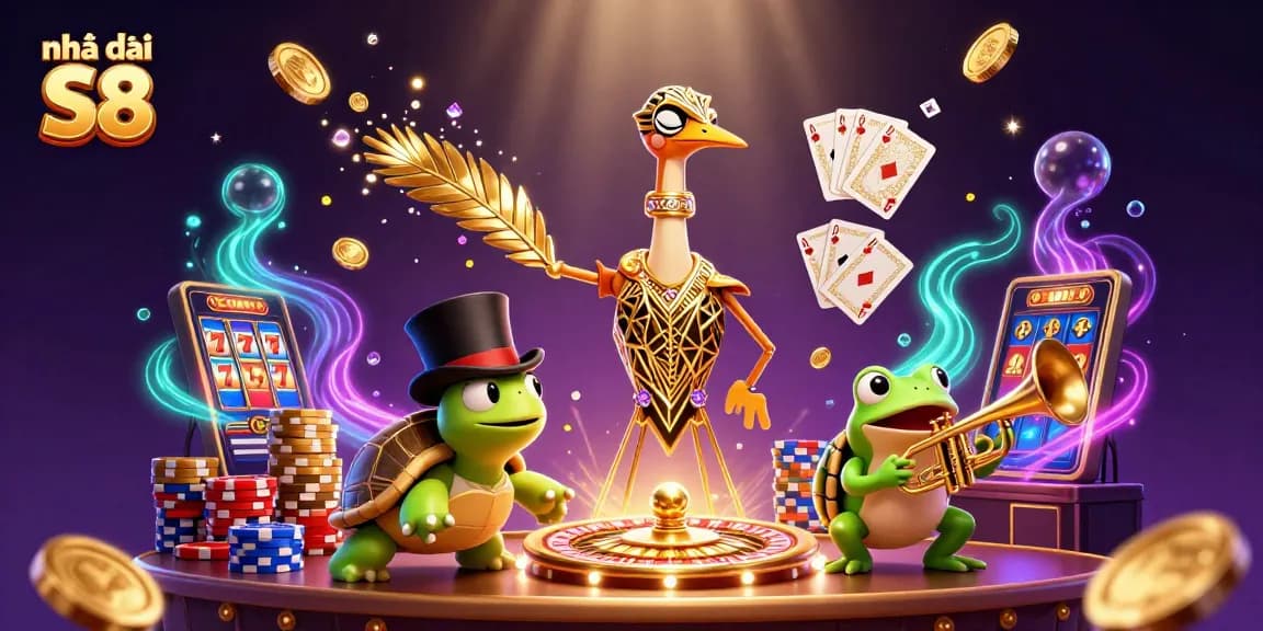 Experience thrilling gameplay at Nhà cái S8 with our dynamic casino illustration showcasing vibrant characters and classic gaming elements.