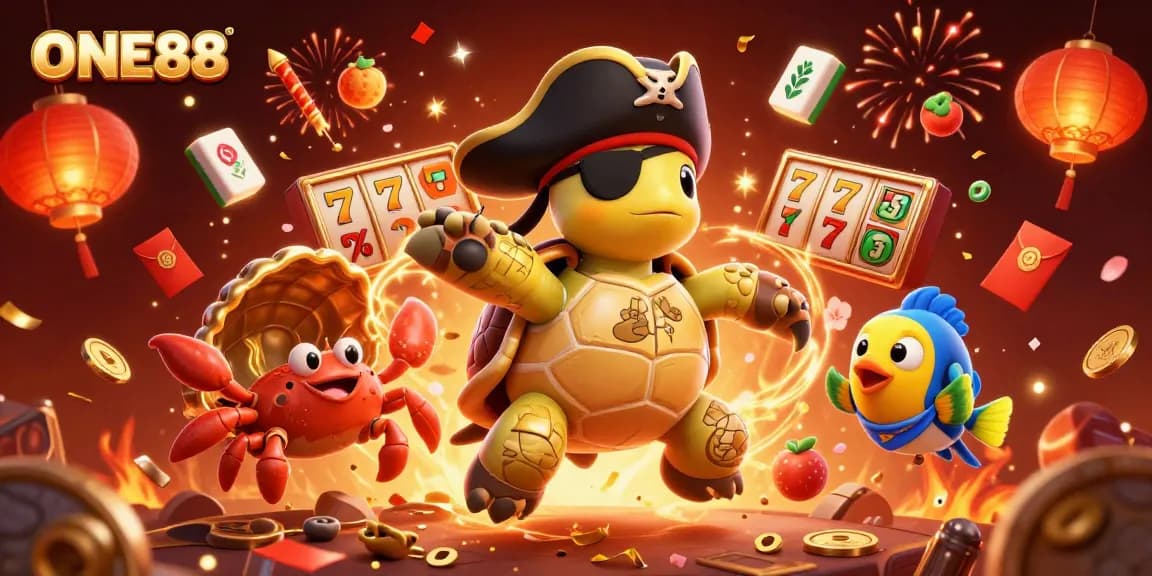 Experience thrilling slots with ONE88 featuring a lively pirate turtle and treasures.