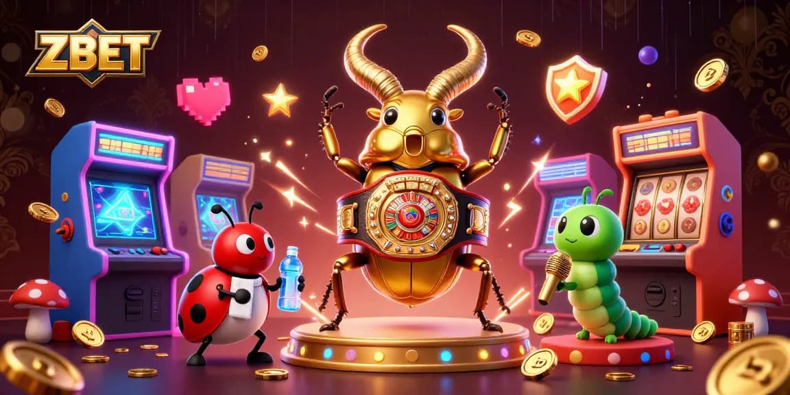 ZBET offers a dynamic gaming scene with a glowing stag beetle champion surrounded by vibrant casino elements.