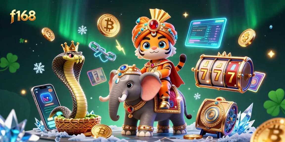 Win big with f168 in this vibrant 3D scene featuring a tiger, elephant, and crypto elements.