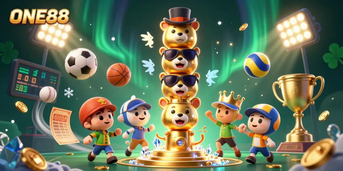 Engage with ONE88's vibrant casino world featuring dynamic sports elements and a golden totem pole.