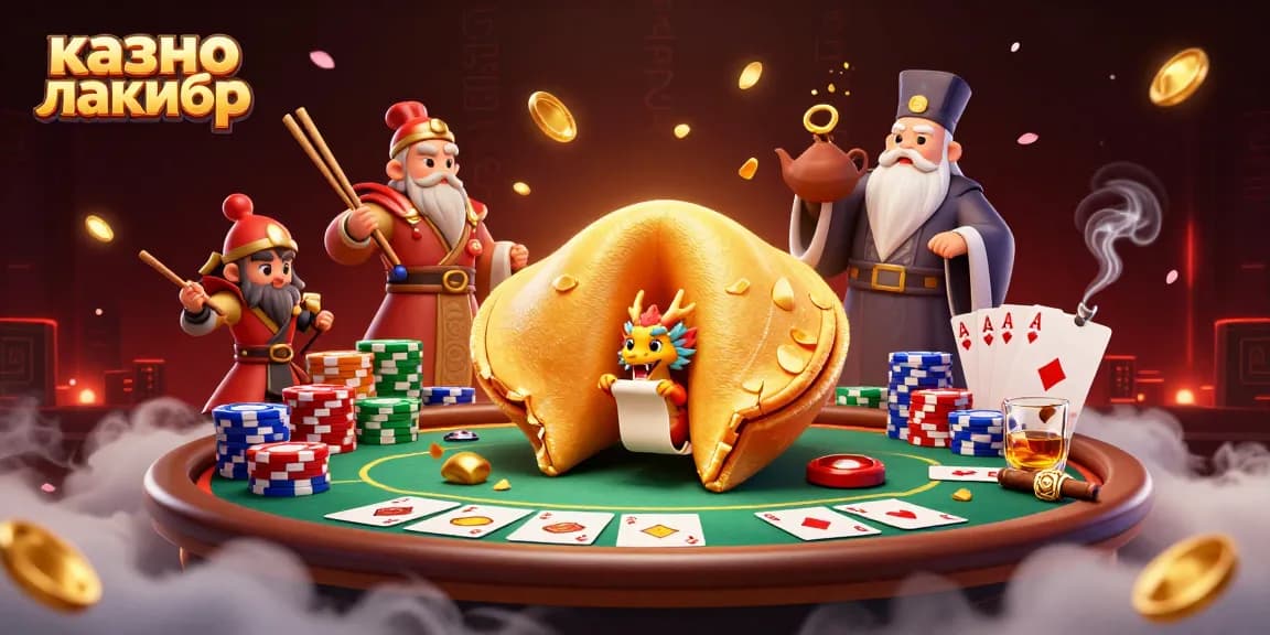 Engage with казино лакибир's vibrant 3D casino illustration featuring golden fortune elements and poker action.