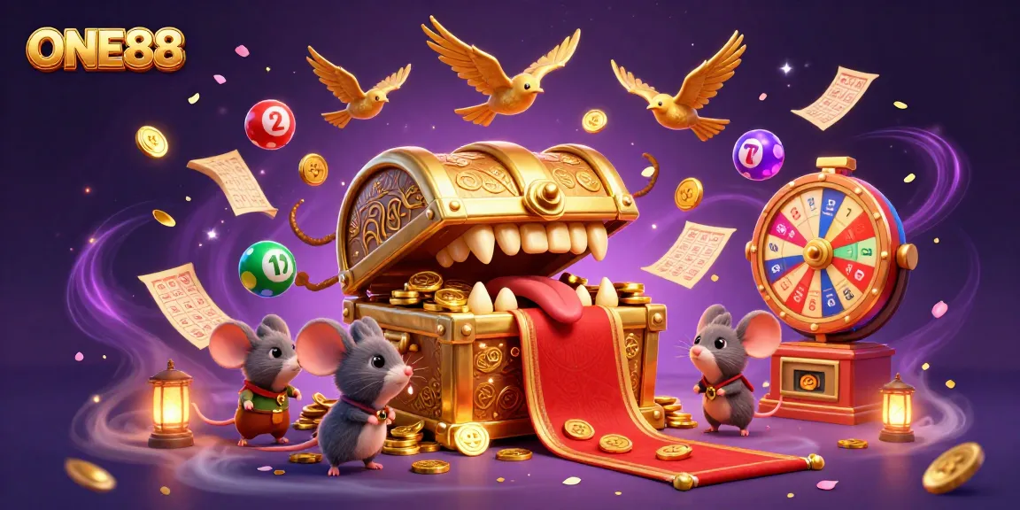 Engage with ONE88's thrilling lottery scene highlighted by vibrant elements and dynamic action.