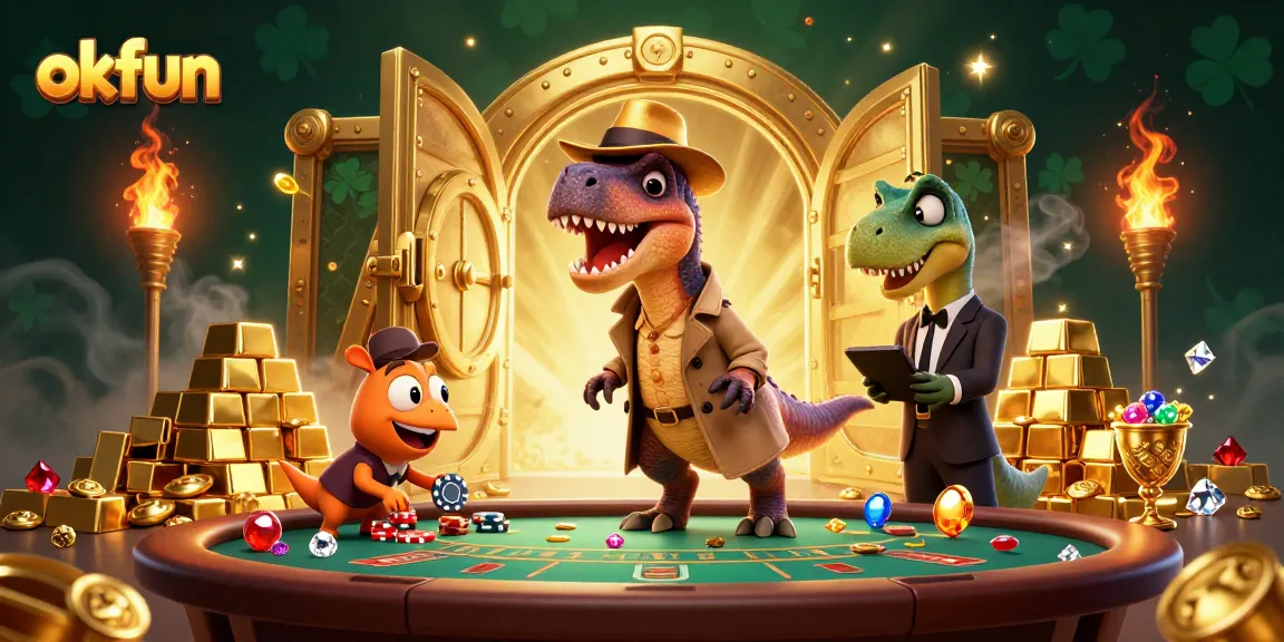 Experience the thrill of okfun with a cunning velociraptor and vibrant casino elements.