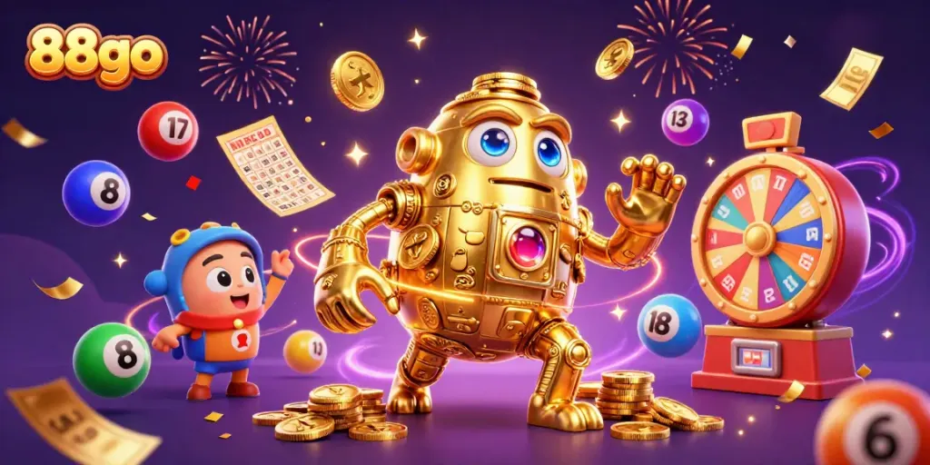 Engage with 88go's vibrant casino world featuring a golden golem amidst lottery and gaming elements.