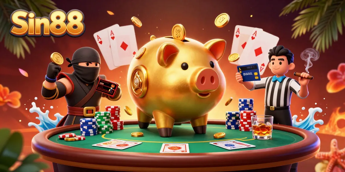 Experience thrilling gameplay at Sin88 with vibrant casino elements, golden coins, and engaging characters.