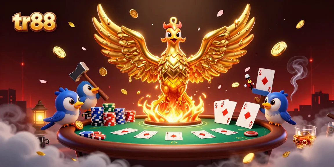 Experience thrilling gaming action with tr88's molten phoenix and poker elements in a vibrant casino scene.