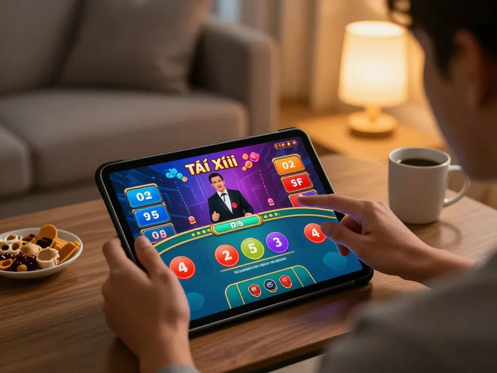 TaiXiuVN player enjoying online game experience on tablet with vibrant graphics.