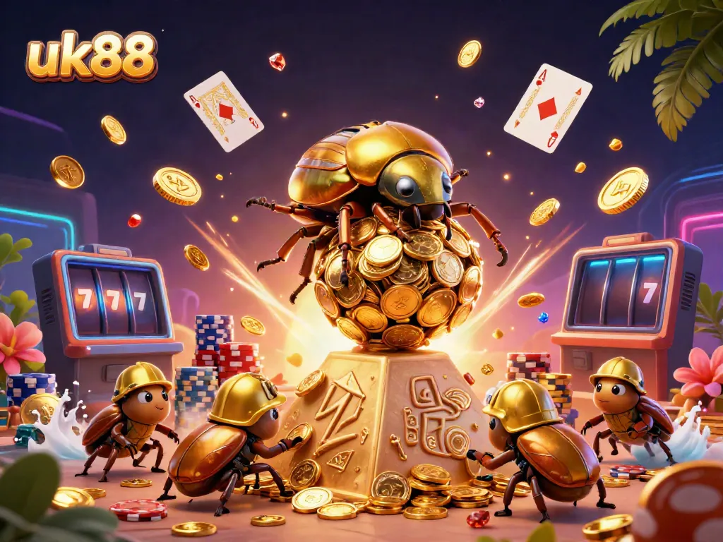 Bet big at uk88 with a vibrant, dynamic 3D illustration of golden beetles and casino treasures.