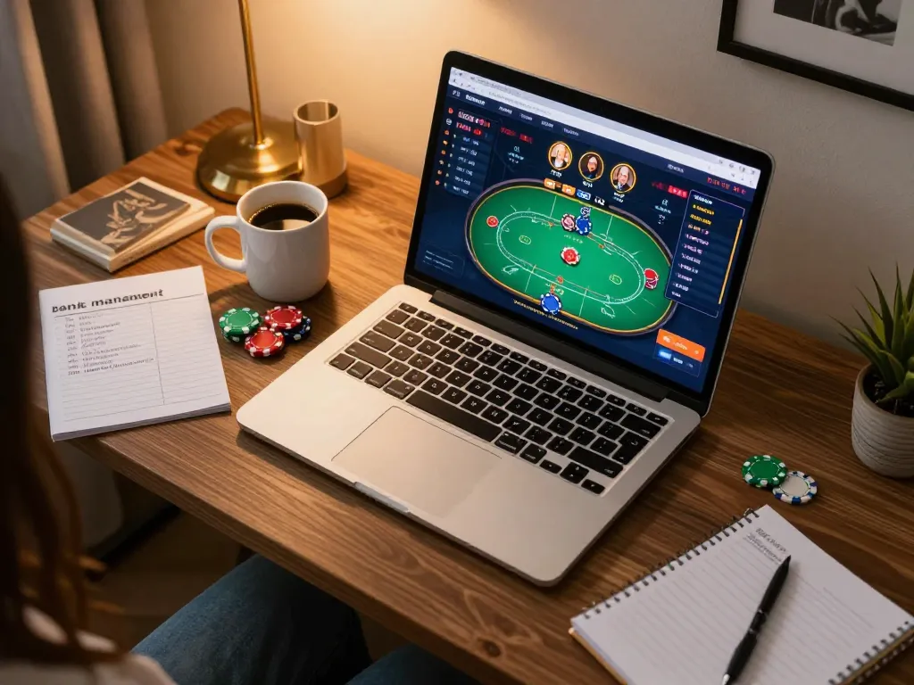 Player engaging in strategic online casino gaming at home with dh88 interface visible on laptop