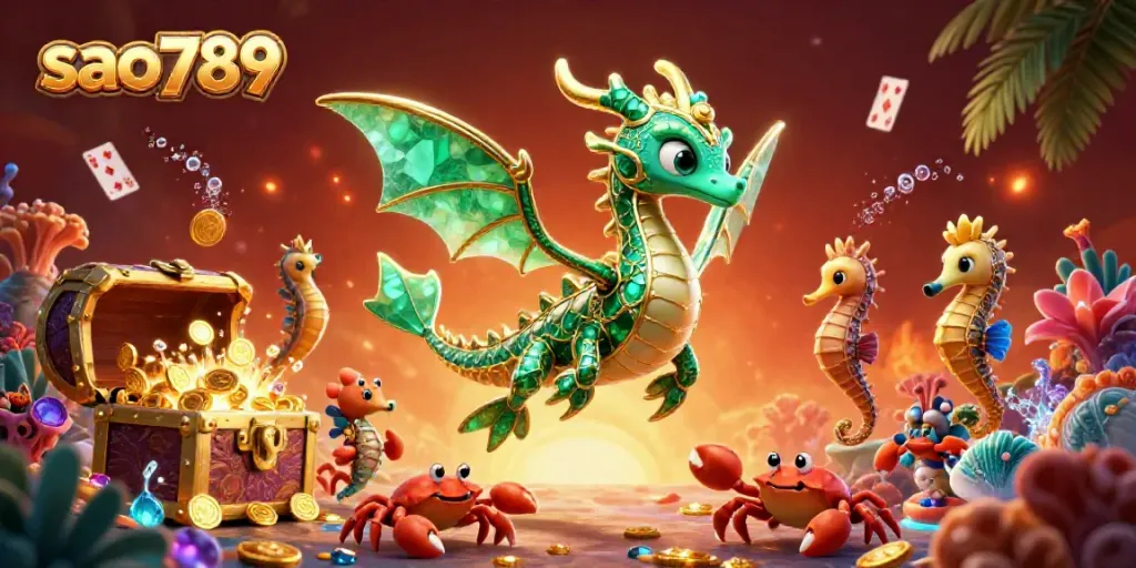 Experience the vibrant action of sao789 with an underwater treasure explosion and majestic sea creatures.