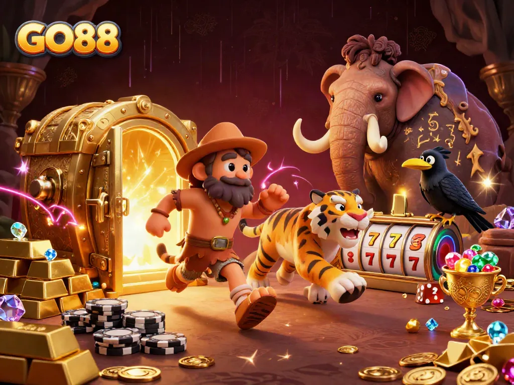 Experience GO88's thrilling prehistoric casino atmosphere with playful characters and sparkling treasures.