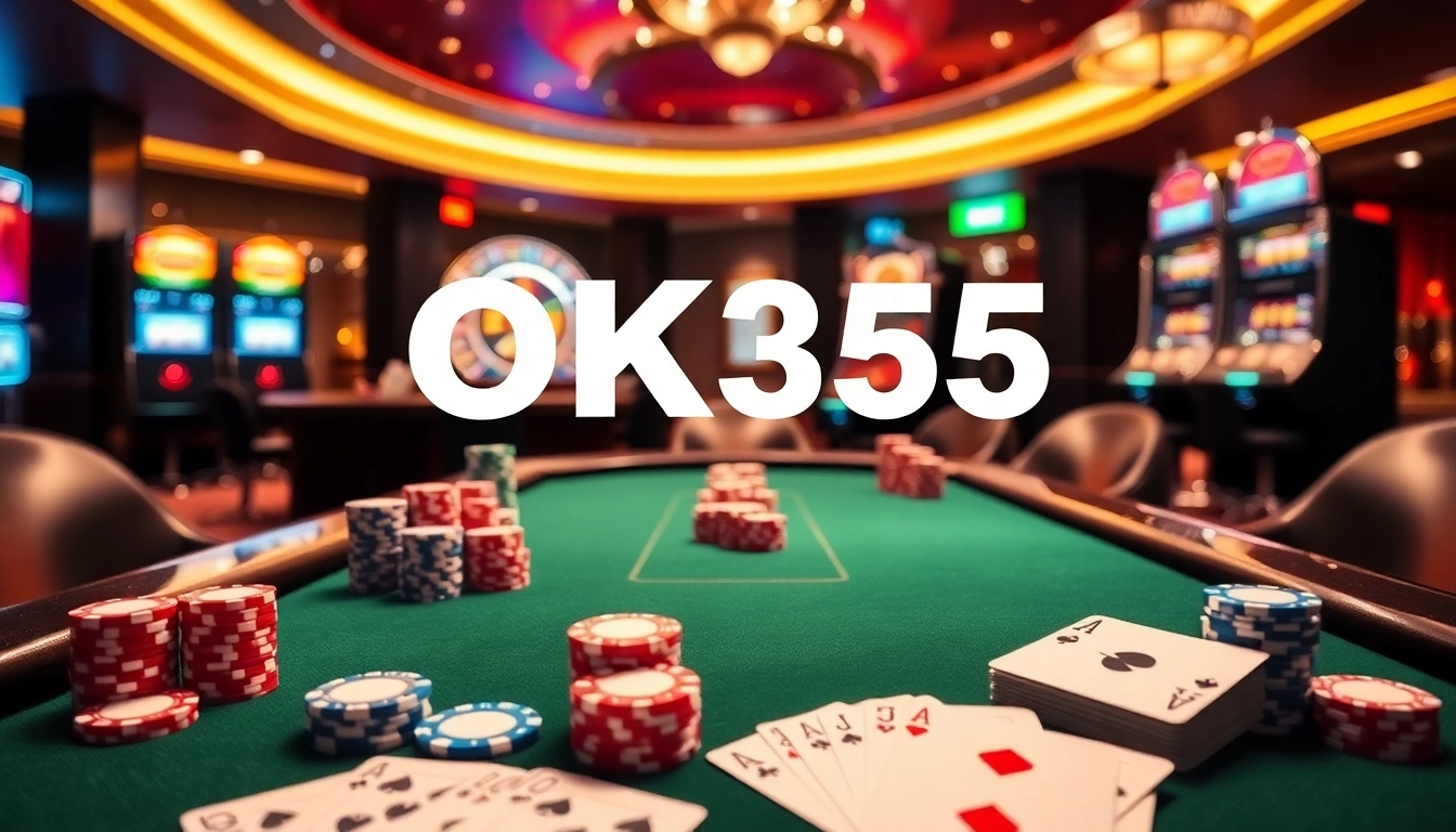 Engage in thrilling poker action at OK365 with colorful chips and vibrant casino atmosphere.