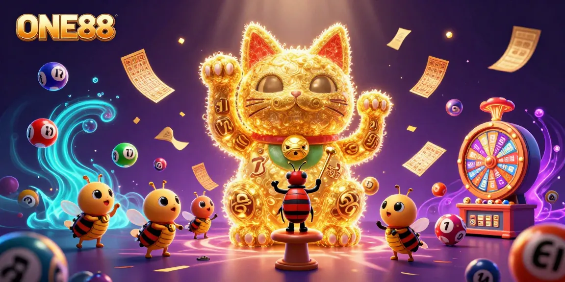 Engage with ONE88’s vibrant casino world featuring colorful symbols, dynamic elements, and a lucky cat.