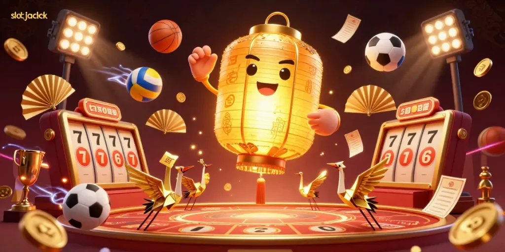 Experience thrilling slot jackpot action with a radiant lantern spirit and dynamic game elements in a vibrant casino.