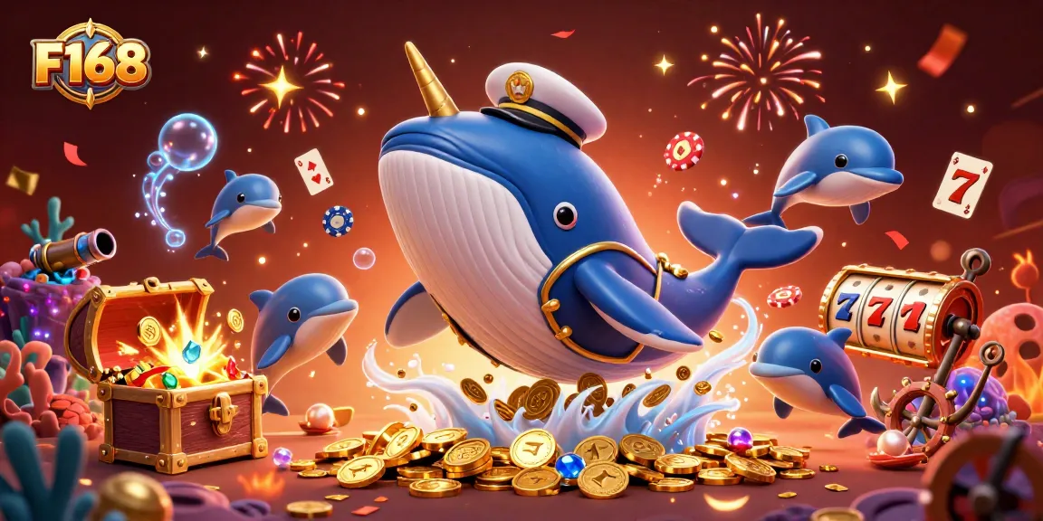 Experience excitement with F168 as a cartoon whale, poker chips, and slot reels create a dynamic casino scene.