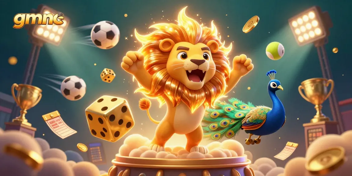 Experience thrilling sports action with GMNC's vibrant casino illustration showcasing dynamic elements and golden rewards.