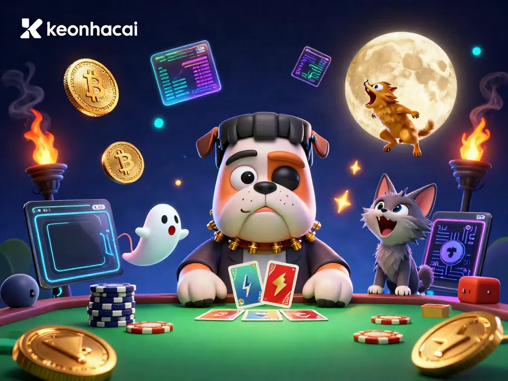 Engage with the keonhacai scene featuring a playful 3D Frankenstein bulldog dealing cards amidst glowing crypto elements.