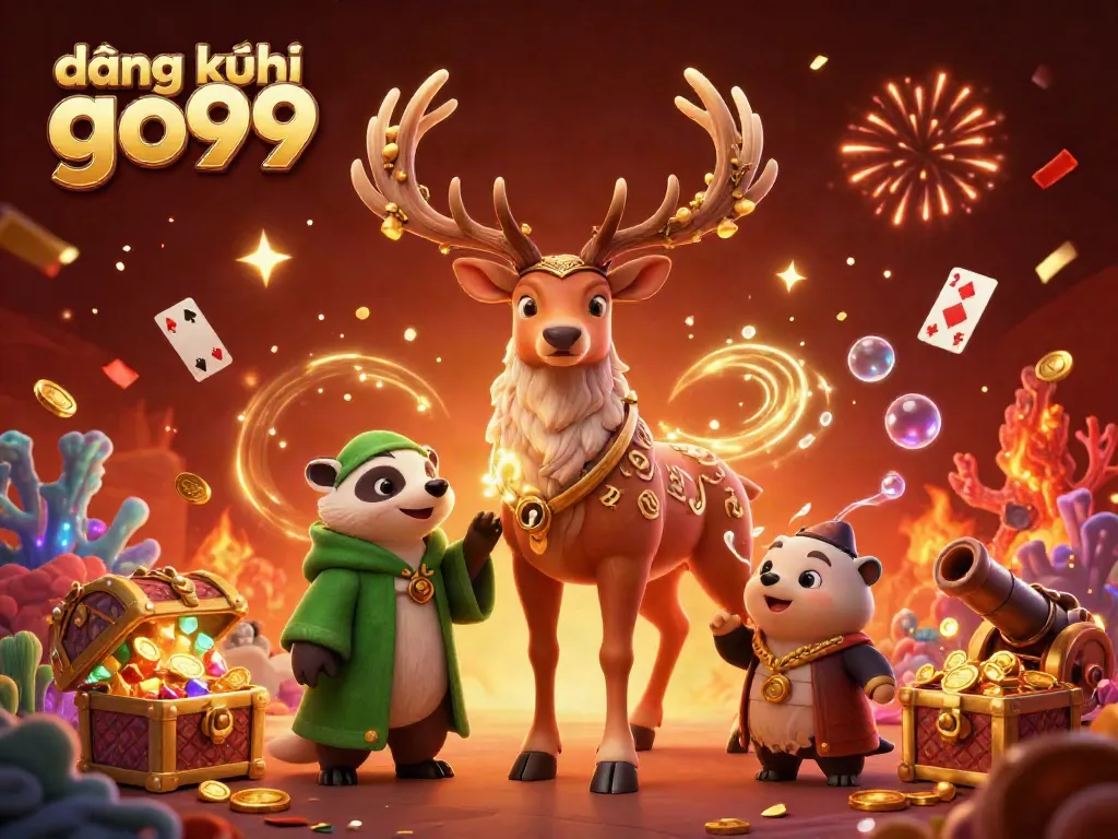 Engage in excitement at đăng ký go99 with a vibrant 3D illustration of characters surrounded by casino elements and gold.