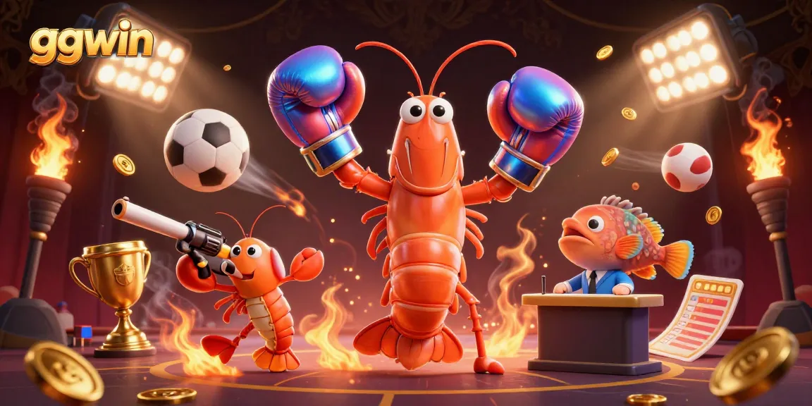 ggwin showcases a dynamic casino scene with vibrant shrimp characters and action-packed game elements.