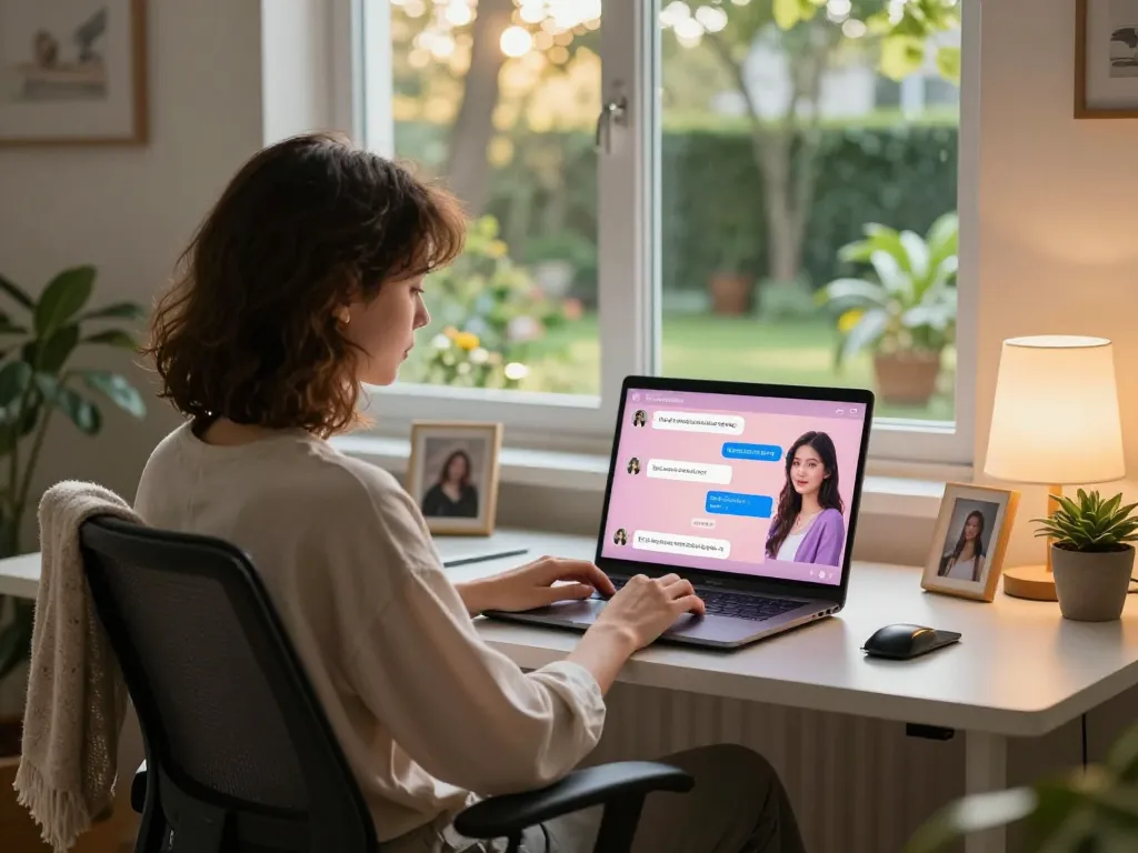 Engaging with a girlfriend ai on laptop in cozy home office setting, showcasing modern digital companionship.