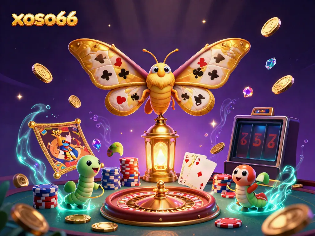 Xoso66's vibrant casino scene with golden elements and characters illustrating playful gaming energy.