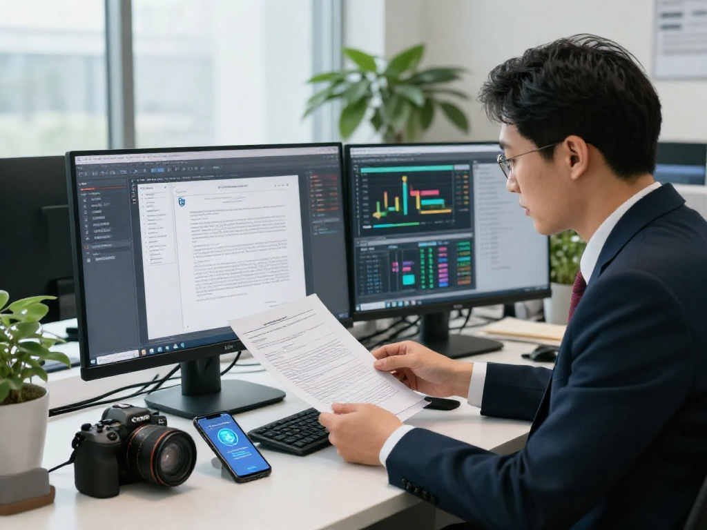Efficient document fraud detection process in a professional office environment with biometric verification tools.
